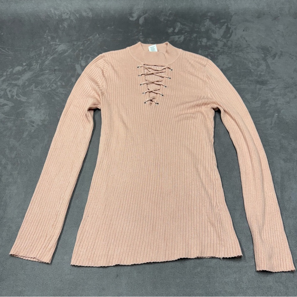 Planet Gold Ribbed Lace Up Long Sleeve Top blouse shirt Dusty Rose women’s Xl